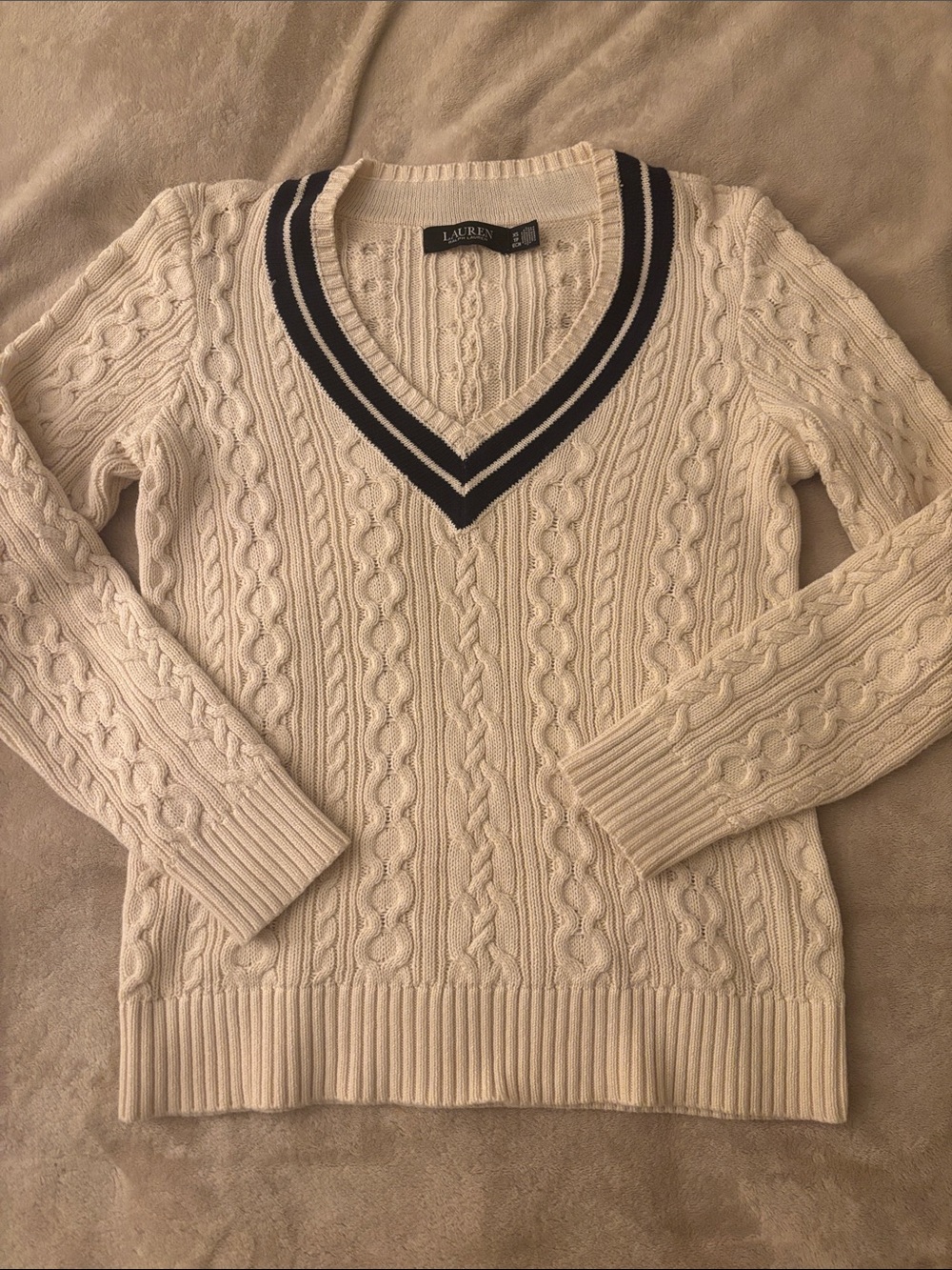 Lauren Ralph Lauren Cream Cable-Knit V-Neck Sweater with Navy Stripe